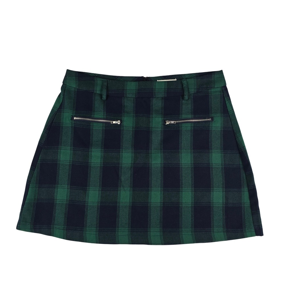 Sky and Sparrow Plaid Mini Skirt‎ Juniors Size L Green Navy Blue Zipper A-Line